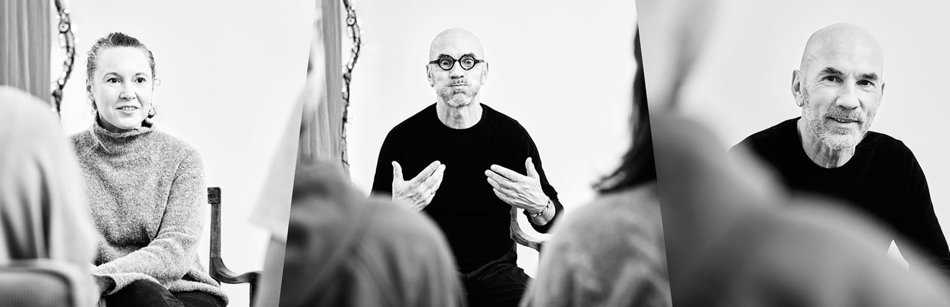 Beratung & Beratungsangebote, Foto-Collage bestehend aus drei Fotos, die Fotos zeigen jeweils eine Beratungssituation in der Mittlerei, Aldona und Hendrik Fenz jeweils in einer Beratungssituationen: zuhörend, gestikulierend, antwortend